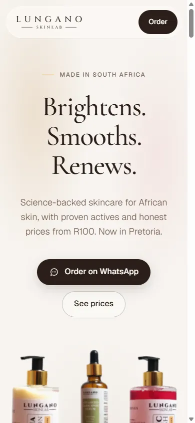 The Lungano Skinlab site on a phone
